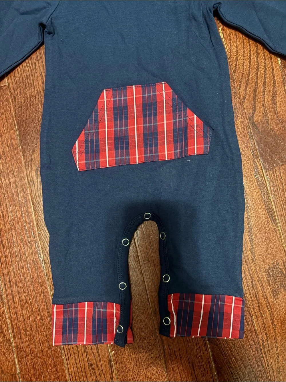 Ann Loren Navy One-Piece with Red Plaid Hood & Pocket